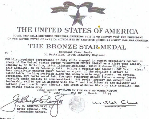 Jason Davis, Bronze Star for Valor certificate / Headline Surfer