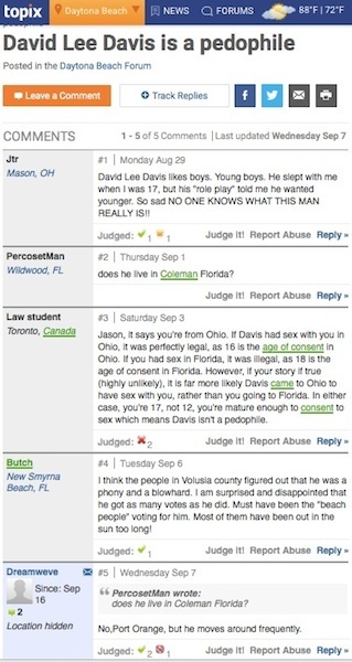 David Lee Davis, failed candidate for office in Volusia County accused of being a pedophile by poster on blog forum Topix / Headline Surfer