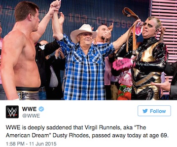 Dusty Rhodes remembered by WWE on Twitter / Headline Surfer®