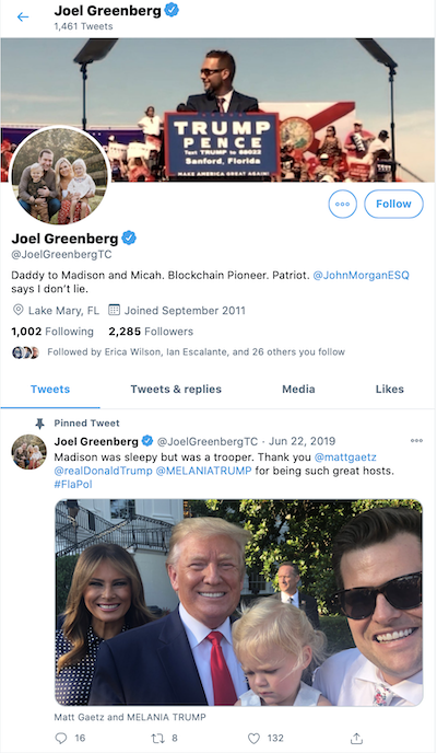 Joel Greenberg Twitter promotes Trump / Headline Surfer
