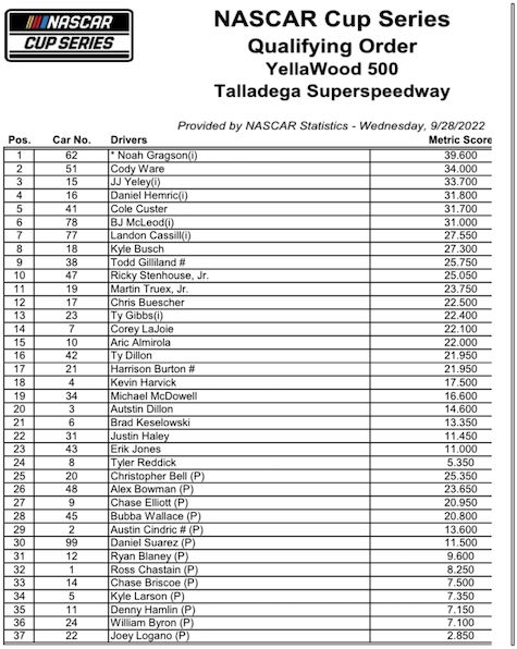 Starting grid Talledega race / Headline Surfer