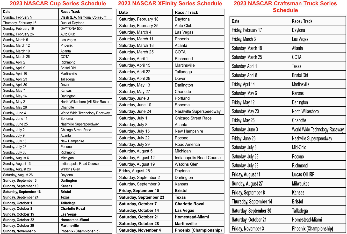 2023 NASCAR Racing Schedules / Headline Surfer